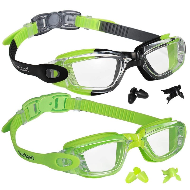 EverSport Kids Portable Swim Goggles, Pack of 2 Swimming Goggles for Children Teens, Anti-Fog Anti-UV Youth Swim Glasses Leak Proof for Age4-16, Green/Black & Green - Image 1